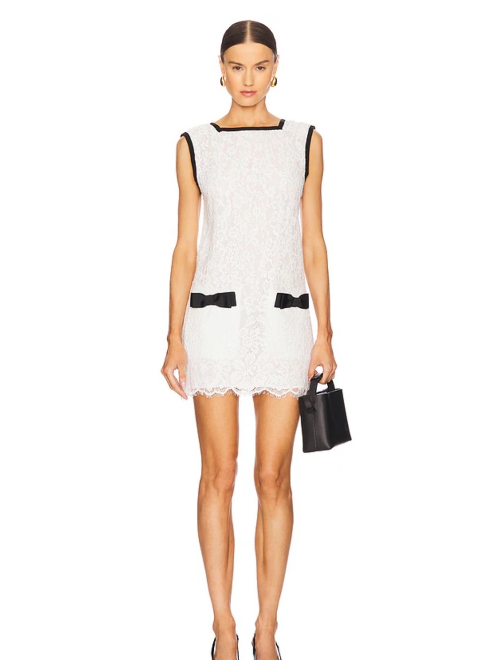 Helsa White Lace Mini Dress with Black Trim and Pocket Bows